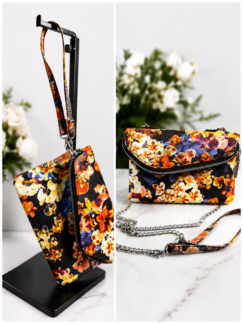 Hobo Floral Convertible Crossbody Wristlet Bag Silver Chain Orange Interior